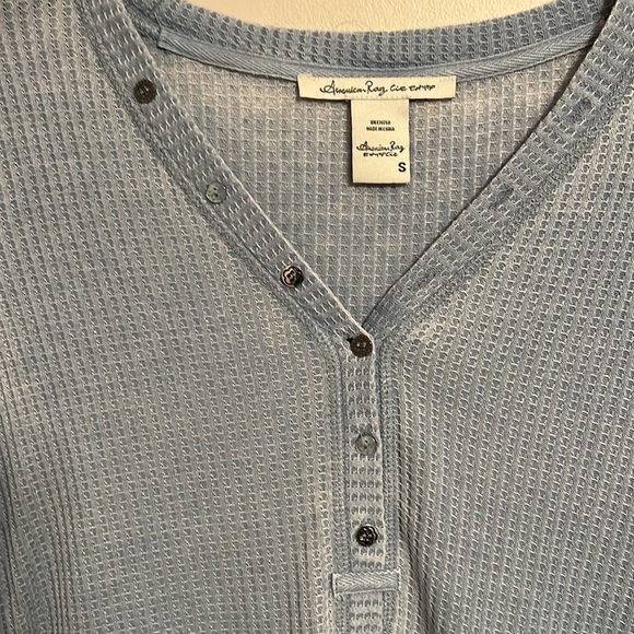 The Y2K Gothic Grunge Waffle Knit Henley Tier Whimsigoth Stretchy faded blue S - Picture 2 of 10